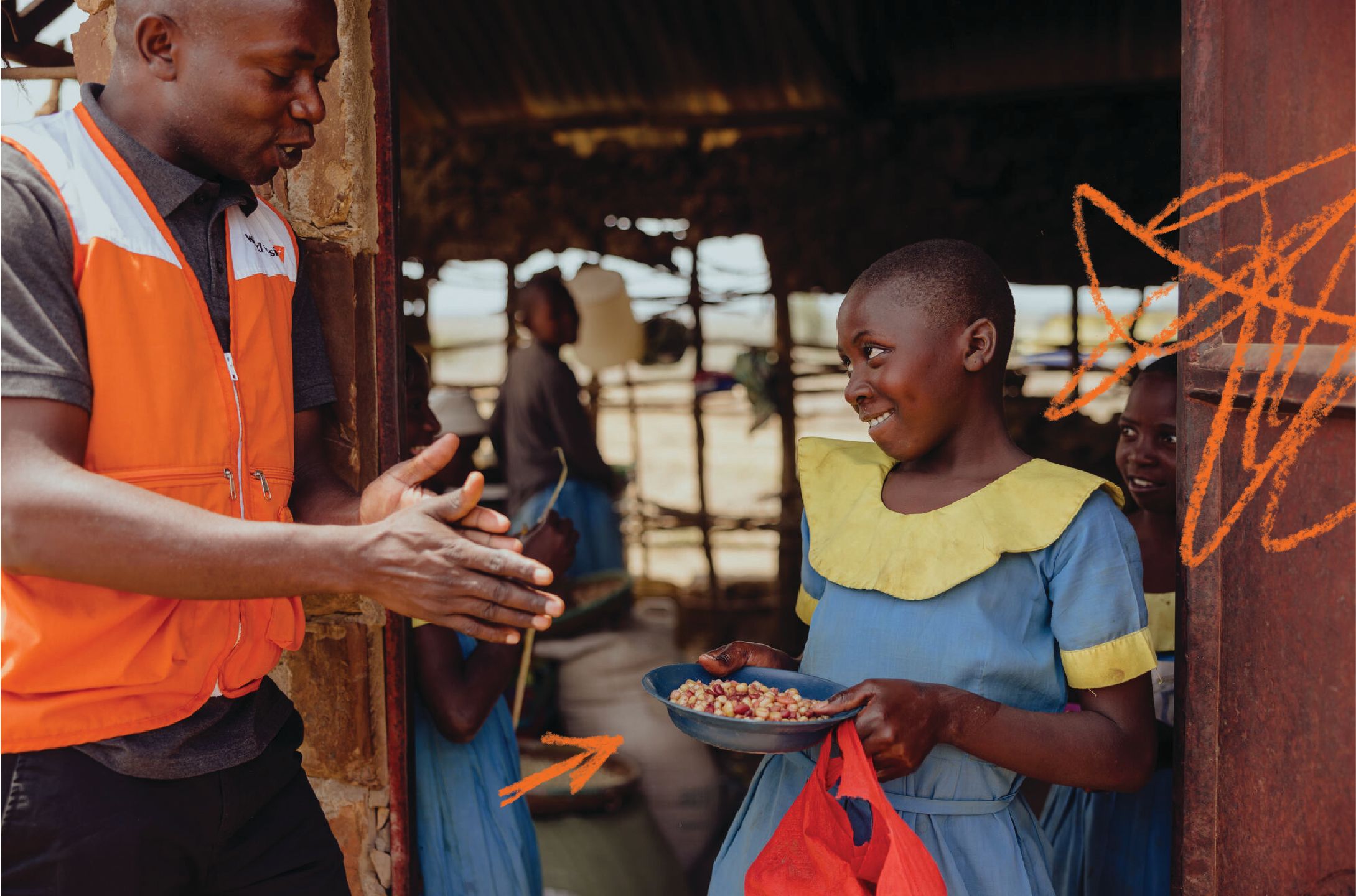 World Vision Staff helps distribute school meals at Faith's school