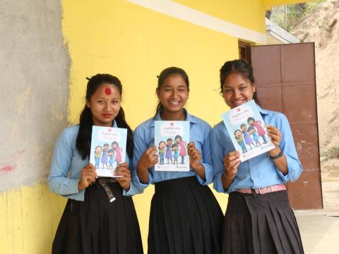 Adolescent girls in Nepal learn about mensural hygiene and receive resources including biodegradable pads, underwear and soap